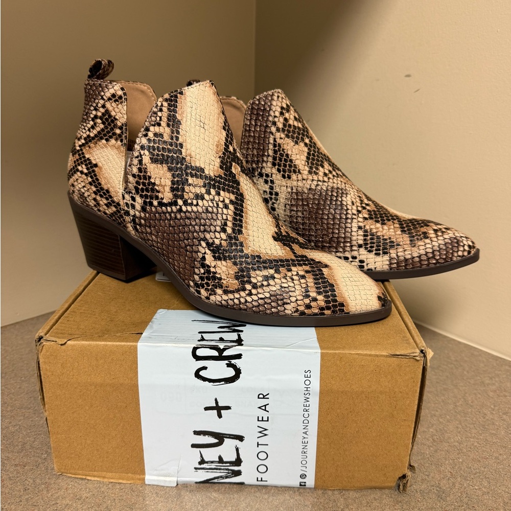 Snake-Print Ankle Booties in Beige/Brown